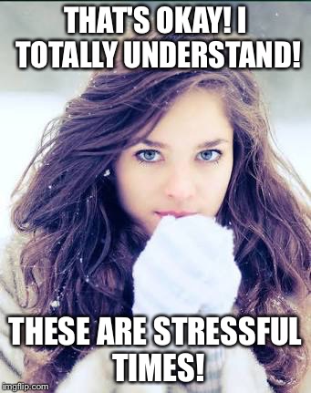 THAT'S OKAY! I TOTALLY UNDERSTAND! THESE ARE STRESSFUL TIMES! | made w/ Imgflip meme maker