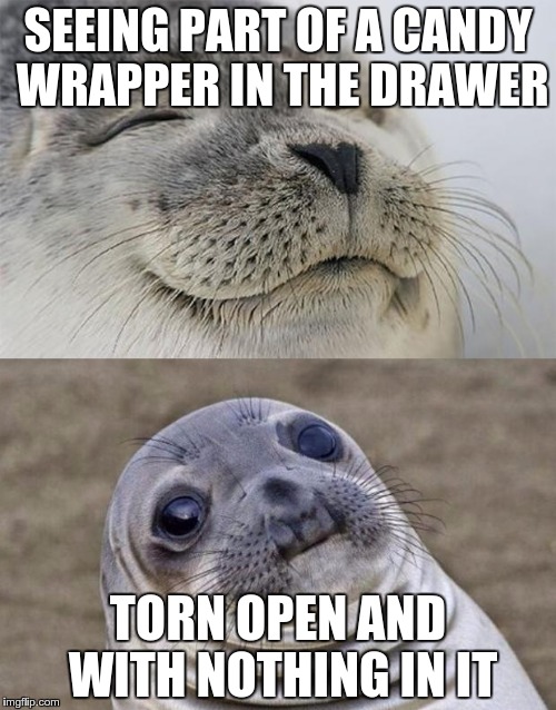 It really smashes your hopes | SEEING PART OF A CANDY WRAPPER IN THE DRAWER TORN OPEN AND WITH NOTHING IN IT | image tagged in memes,short satisfaction vs truth | made w/ Imgflip meme maker
