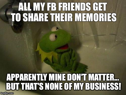 Depressed Kermit | ALL MY FB FRIENDS GET TO SHARE THEIR MEMORIES APPARENTLY MINE DON'T MATTER... BUT THAT'S NONE OF MY BUSINESS! | image tagged in depressed kermit | made w/ Imgflip meme maker