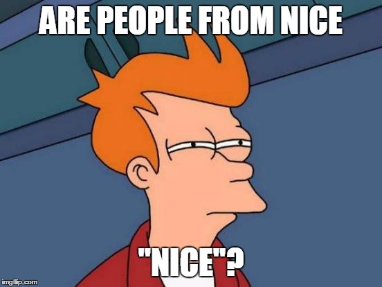 Futurama Fry Meme | ARE PEOPLE FROM NICE "NICE"? | image tagged in memes,futurama fry | made w/ Imgflip meme maker