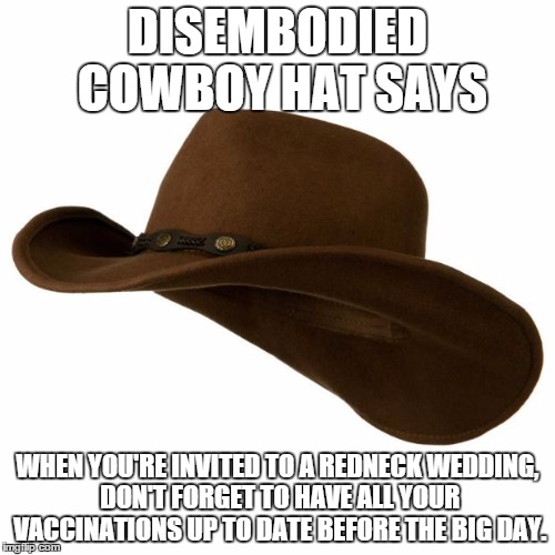 Cowboy | DISEMBODIED COWBOY HAT SAYS WHEN YOU'RE INVITED TO A REDNECK WEDDING, DON'T FORGET TO HAVE ALL YOUR VACCINATIONS UP TO DATE BEFORE THE BIG D | image tagged in cowboy | made w/ Imgflip meme maker