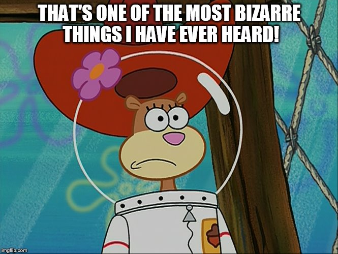 Sandy Cheeks - Bizarre Things | THAT'S ONE OF THE MOST BIZARRE THINGS I HAVE EVER HEARD! | image tagged in sandy cheeks,memes,spongebob squarepants,sandy cheeks cowboy hat,texas girl,confused | made w/ Imgflip meme maker