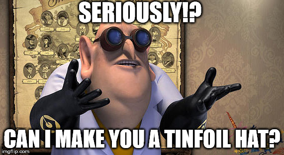 minions | SERIOUSLY!? CAN I MAKE YOU A TINFOIL HAT? | image tagged in minions | made w/ Imgflip meme maker