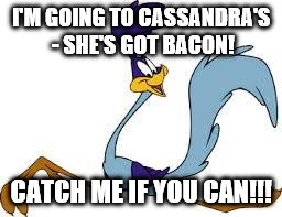 roadrunner | I'M GOING TO CASSANDRA'S - SHE'S GOT BACON! CATCH ME IF YOU CAN!!! | image tagged in roadrunner | made w/ Imgflip meme maker
