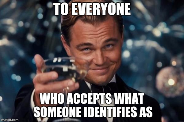 Leonardo Dicaprio Cheers | TO EVERYONE WHO ACCEPTS WHAT SOMEONE IDENTIFIES AS | image tagged in memes,leonardo dicaprio cheers | made w/ Imgflip meme maker