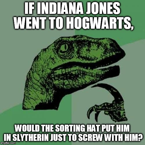 Philosoraptor | IF INDIANA JONES WENT TO HOGWARTS, WOULD THE SORTING HAT PUT HIM IN SLYTHERIN JUST TO SCREW WITH HIM? | image tagged in memes,philosoraptor | made w/ Imgflip meme maker