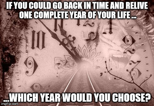 IF YOU COULD GO BACK IN TIME AND RELIVE ONE COMPLETE YEAR OF YOUR LIFE ... ...WHICH YEAR WOULD YOU CHOOSE? | image tagged in time travel | made w/ Imgflip meme maker