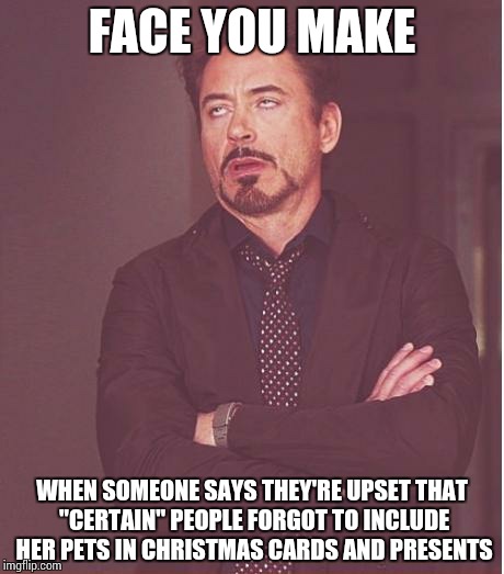 Face You Make Robert Downey Jr | FACE YOU MAKE WHEN SOMEONE SAYS THEY'RE UPSET THAT "CERTAIN" PEOPLE FORGOT TO INCLUDE HER PETS IN CHRISTMAS CARDS AND PRESENTS | image tagged in memes,face you make robert downey jr | made w/ Imgflip meme maker