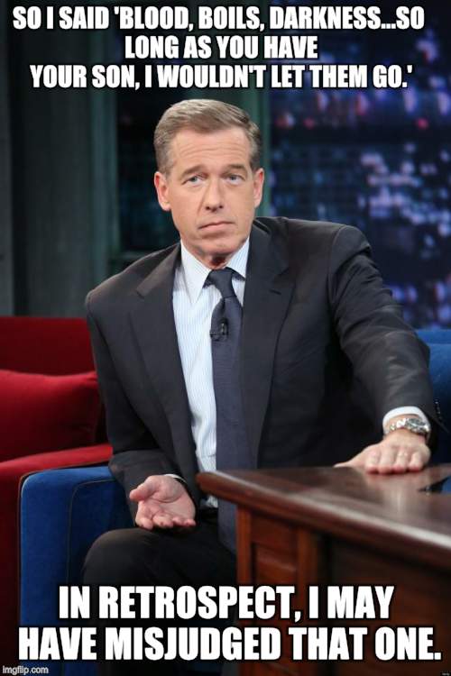 Brian Williams | SO I SAID 'BLOOD, BOILS, DARKNESS...SO LONG AS YOU HAVE YOUR SON, I WOULDN'T LET THEM GO.' IN RETROSPECT, I MAY HAVE MISJUDGED THAT ONE. | image tagged in brian williams | made w/ Imgflip meme maker