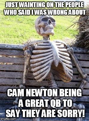 waiting skelton | JUST WAINTING ON THE PEOPLE WHO SAID I WAS WRONG ABOUT CAM NEWTON BEING A GREAT QB TO SAY THEY ARE SORRY! | image tagged in waiting skelton | made w/ Imgflip meme maker