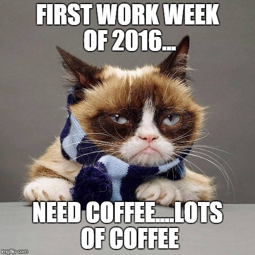 mornings ugh! | FIRST WORK WEEK OF 2016... NEED COFFEE....LOTS OF COFFEE | image tagged in morning,coffee,new year | made w/ Imgflip meme maker
