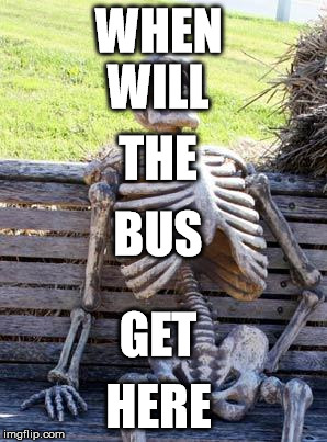 Waiting Skeleton | WHEN HERE WILL THE BUS GET | image tagged in memes,waiting skeleton | made w/ Imgflip meme maker