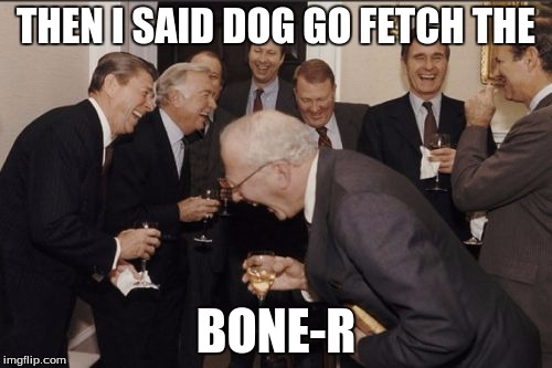 Laughing Men In Suits Meme | THEN I SAID DOG GO FETCH THE BONE-R | image tagged in memes,laughing men in suits | made w/ Imgflip meme maker