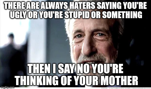 how to deal with haters | THERE ARE ALWAYS HATERS SAYING YOU'RE UGLY OR YOU'RE STUPID OR SOMETHING THEN I SAY NO YOU'RE THINKING OF YOUR MOTHER | image tagged in memes,i guarantee it,haters,mother | made w/ Imgflip meme maker