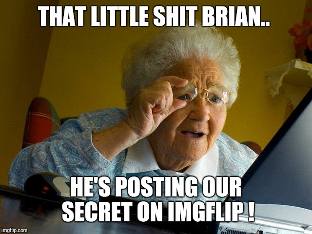 Grandma Finds The Internet Meme | THAT LITTLE SHIT BRIAN.. HE'S POSTING OUR SECRET ON IMGFLIP ! | image tagged in memes,grandma finds the internet | made w/ Imgflip meme maker