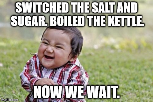 Evil Toddler Meme | SWITCHED THE SALT AND SUGAR. BOILED THE KETTLE. NOW WE WAIT. | image tagged in memes,evil toddler | made w/ Imgflip meme maker