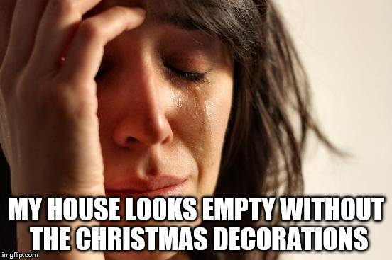 Decorations all put away until next year | MY HOUSE LOOKS EMPTY WITHOUT THE CHRISTMAS DECORATIONS | image tagged in memes,first world problems,christmas,christmas decorations | made w/ Imgflip meme maker