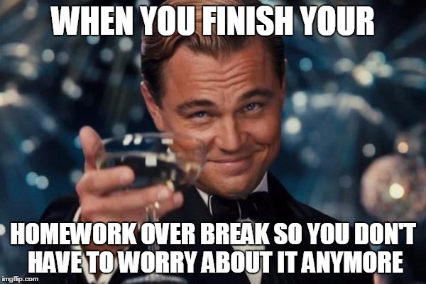Leonardo Dicaprio Cheers | WHEN YOU FINISH YOUR HOMEWORK OVER BREAK SO YOU DON'T HAVE TO WORRY ABOUT IT ANYMORE | image tagged in memes,leonardo dicaprio cheers | made w/ Imgflip meme maker