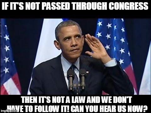 Obama No Listen | IF IT'S NOT PASSED THROUGH CONGRESS THEN IT'S NOT A LAW AND WE DON'T HAVE TO FOLLOW IT! CAN YOU HEAR US NOW? | image tagged in memes,obama no listen | made w/ Imgflip meme maker