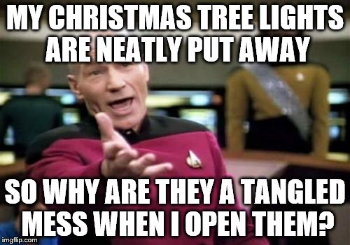 It happens every year | MY CHRISTMAS TREE LIGHTS ARE NEATLY PUT AWAY SO WHY ARE THEY A TANGLED MESS WHEN I OPEN THEM? | image tagged in memes,picard wtf,christmas,christmas tree lights | made w/ Imgflip meme maker