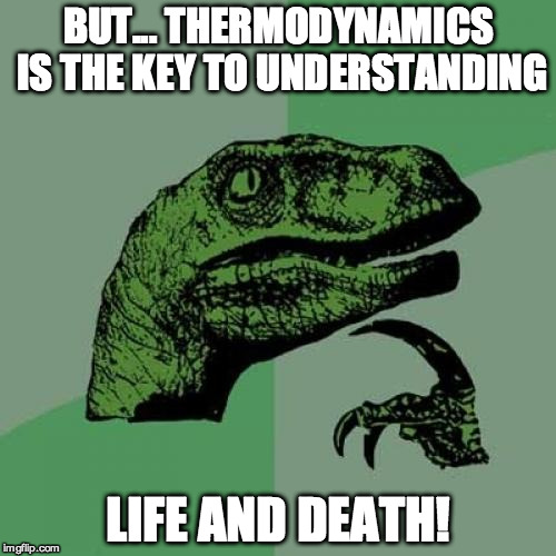 Philosoraptor Meme | BUT... THERMODYNAMICS IS THE KEY TO UNDERSTANDING LIFE AND DEATH! | image tagged in memes,philosoraptor | made w/ Imgflip meme maker