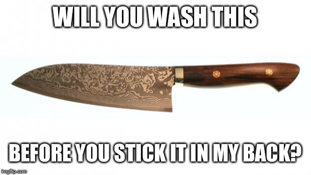 knife | WILL YOU WASH THIS BEFORE YOU STICK IT IN MY BACK? | image tagged in knife | made w/ Imgflip meme maker