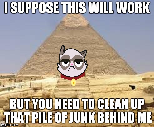 Grumpy the world wide sensation | I SUPPOSE THIS WILL WORK BUT YOU NEED TO CLEAN UP THAT PILE OF JUNK BEHIND ME | image tagged in grumpy cat,pyramids | made w/ Imgflip meme maker