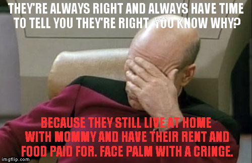 Captain Picard Facepalm Meme | THEY'RE ALWAYS RIGHT AND ALWAYS HAVE TIME TO TELL YOU THEY'RE RIGHT. YOU KNOW WHY? BECAUSE THEY STILL LIVE AT HOME WITH MOMMY AND HAVE THEIR | image tagged in memes,captain picard facepalm | made w/ Imgflip meme maker