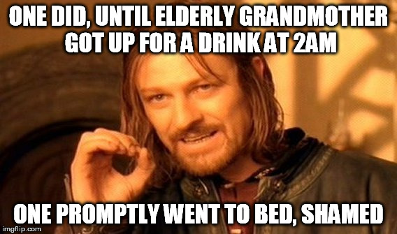 One Does Not Simply Meme | ONE DID, UNTIL ELDERLY GRANDMOTHER GOT UP FOR A DRINK AT 2AM ONE PROMPTLY WENT TO BED, SHAMED | image tagged in memes,one does not simply | made w/ Imgflip meme maker