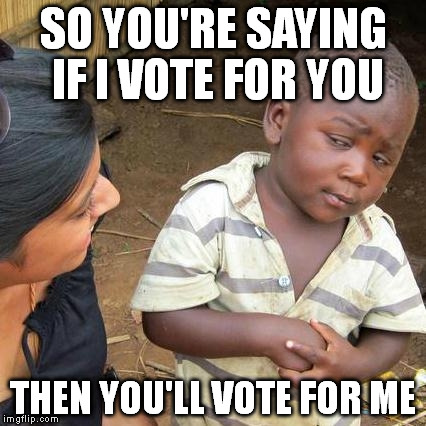 Third World Skeptical Kid Meme | SO YOU'RE SAYING IF I VOTE FOR YOU THEN YOU'LL VOTE FOR ME | image tagged in memes,third world skeptical kid | made w/ Imgflip meme maker