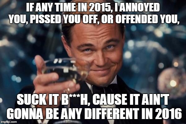 Leonardo Dicaprio Cheers | IF ANY TIME IN 2015, I ANNOYED YOU, PISSED YOU OFF, OR OFFENDED YOU, SUCK IT B***H, CAUSE IT AIN'T GONNA BE ANY DIFFERENT IN 2016 | image tagged in memes,leonardo dicaprio cheers | made w/ Imgflip meme maker