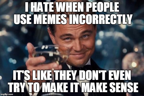 Leonardo Dicaprio Cheers | I HATE WHEN PEOPLE USE MEMES INCORRECTLY IT'S LIKE THEY DON'T EVEN TRY TO MAKE IT MAKE SENSE | image tagged in memes,leonardo dicaprio cheers | made w/ Imgflip meme maker