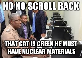NO NO SCROLL BACK THAT CAT IS GREEN HE MUST HAVE NUCLEAR MATERIALS | made w/ Imgflip meme maker