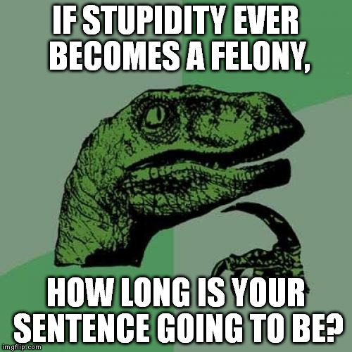 Just thought I'd ask. | IF STUPIDITY EVER BECOMES A FELONY, HOW LONG IS YOUR SENTENCE GOING TO BE? | image tagged in memes,philosoraptor | made w/ Imgflip meme maker