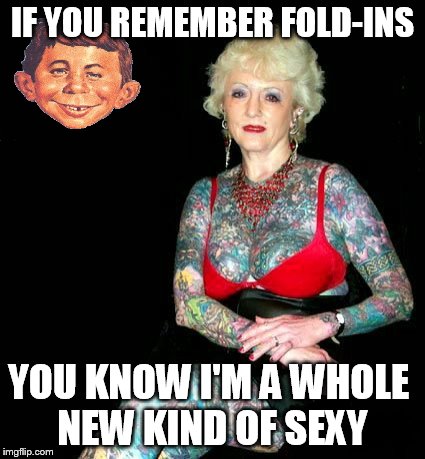 Simply fold where instructed and bring the 2 halves of the image together to reveal a new image... | IF YOU REMEMBER FOLD-INS YOU KNOW I'M A WHOLE NEW KIND OF SEXY | image tagged in memes,funny,mad magazine,fold ins | made w/ Imgflip meme maker