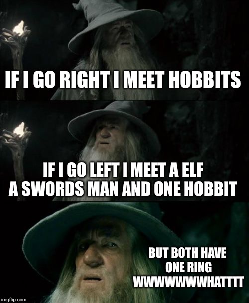 Confused Gandalf | IF I GO RIGHT I MEET HOBBITS IF I GO LEFT I MEET A ELF A SWORDS MAN AND ONE HOBBIT BUT BOTH HAVE ONE RING WWWWWWWHATTTT | image tagged in memes,confused gandalf | made w/ Imgflip meme maker