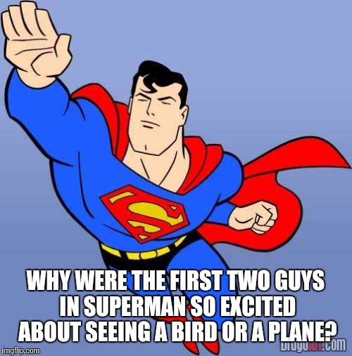 Is it a bird? Is it a plane? | WHY WERE THE FIRST TWO GUYS IN SUPERMAN SO EXCITED ABOUT SEEING A BIRD OR A PLANE? | image tagged in superman,memes | made w/ Imgflip meme maker