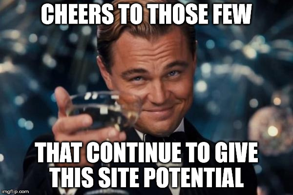 Leonardo Dicaprio Cheers | CHEERS TO THOSE FEW THAT CONTINUE TO GIVE THIS SITE POTENTIAL | image tagged in memes,leonardo dicaprio cheers | made w/ Imgflip meme maker
