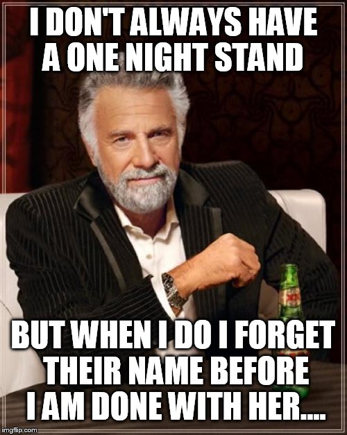 The Most Interesting Man In The World Meme | I DON'T ALWAYS HAVE A ONE NIGHT STAND BUT WHEN I DO I FORGET THEIR NAME BEFORE I AM DONE WITH HER.... | image tagged in memes,the most interesting man in the world | made w/ Imgflip meme maker