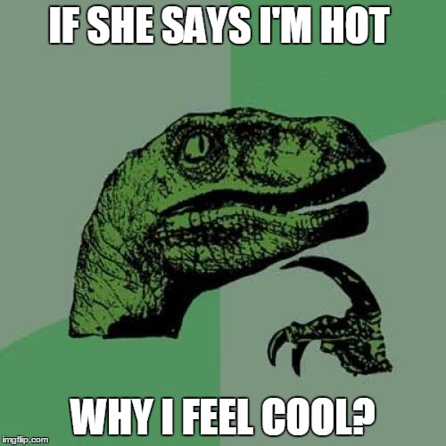 Philosoraptor | IF SHE SAYS I'M HOT WHY I FEEL COOL? | image tagged in memes,philosoraptor | made w/ Imgflip meme maker
