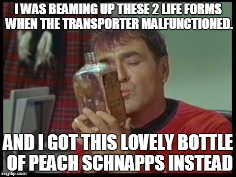 I WAS BEAMING UP THESE 2 LIFE FORMS WHEN THE TRANSPORTER MALFUNCTIONED. AND I GOT THIS LOVELY BOTTLE OF PEACH SCHNAPPS INSTEAD | made w/ Imgflip meme maker