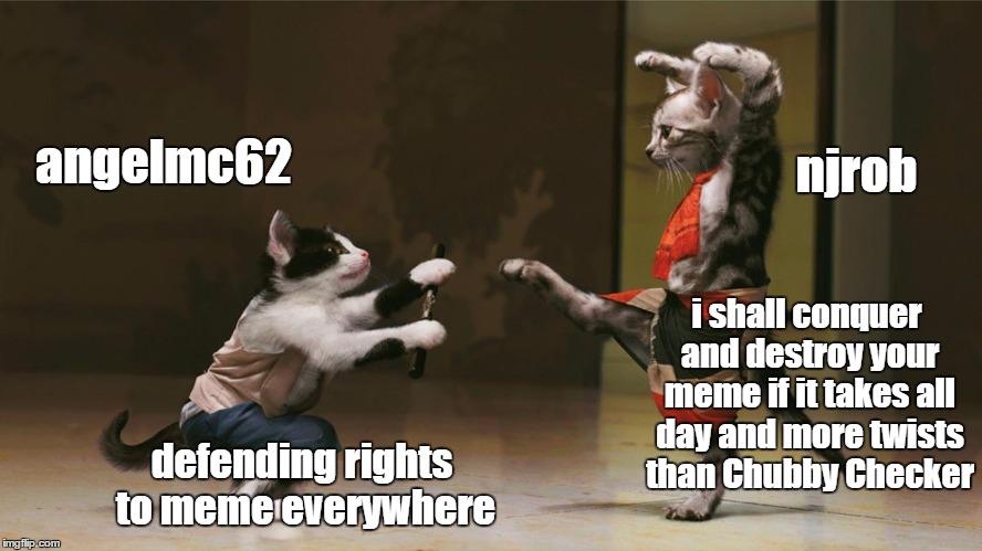 angelmc62 njrob defending rights to meme everywhere i shall conquer and destroy your meme if it takes all day and more twists than Chubby Ch | made w/ Imgflip meme maker
