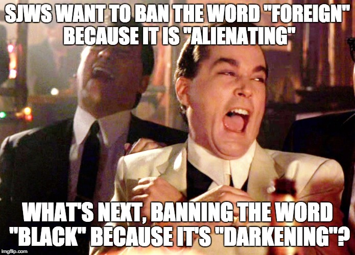 When liberals don't understand synonyms | SJWS WANT TO BAN THE WORD "FOREIGN" BECAUSE IT IS "ALIENATING" WHAT'S NEXT, BANNING THE WORD "BLACK" BECAUSE IT'S "DARKENING"? | image tagged in memes,good fellas hilarious,sjw,black,foreign | made w/ Imgflip meme maker