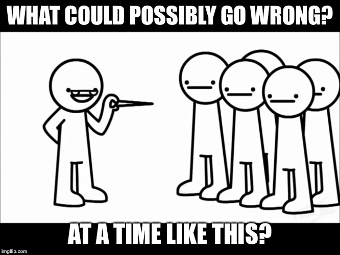 WHAT COULD POSSIBLY GO WRONG? AT A TIME LIKE THIS? | image tagged in what could possibly go wrong | made w/ Imgflip meme maker
