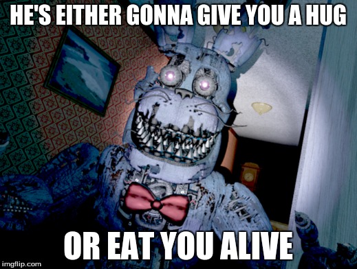 HE'S EITHER GONNA GIVE YOU A HUG OR EAT YOU ALIVE | image tagged in fnaf 4 bonnie | made w/ Imgflip meme maker