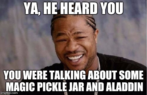 Yo Dawg Heard You | YA, HE HEARD YOU YOU WERE TALKING ABOUT SOME MAGIC PICKLE JAR AND ALADDIN | image tagged in memes,yo dawg heard you | made w/ Imgflip meme maker