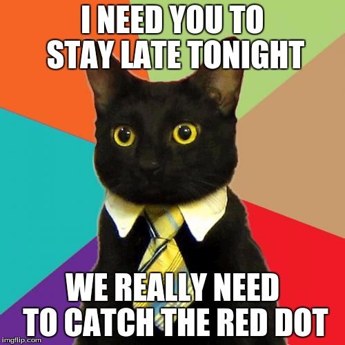 Today I was feline like making some cat puns. (anyone?) | I NEED YOU TO STAY LATE TONIGHT WE REALLY NEED TO CATCH THE RED DOT | image tagged in memes,business cat | made w/ Imgflip meme maker