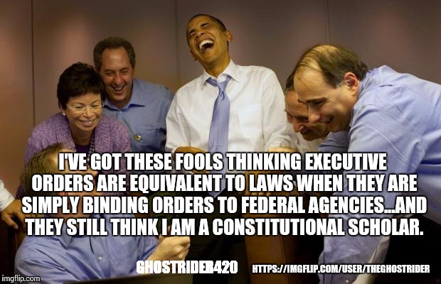 And then I said Obama | I'VE GOT THESE FOOLS THINKING EXECUTIVE ORDERS ARE EQUIVALENT TO LAWS WHEN THEY ARE SIMPLY BINDING ORDERS TO FEDERAL AGENCIES...AND THEY STI | image tagged in obama,executive order,politics,2nd amendment,audacity,potus | made w/ Imgflip meme maker