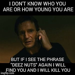 Liam Neeson Taken | I DON'T KNOW WHO YOU ARE OR HOW YOUNG YOU ARE BUT IF I SEE THE PHRASE "DEEZ NUTS" AGAIN I WILL FIND YOU AND I WILL KILL YOU | image tagged in memes,liam neeson taken | made w/ Imgflip meme maker