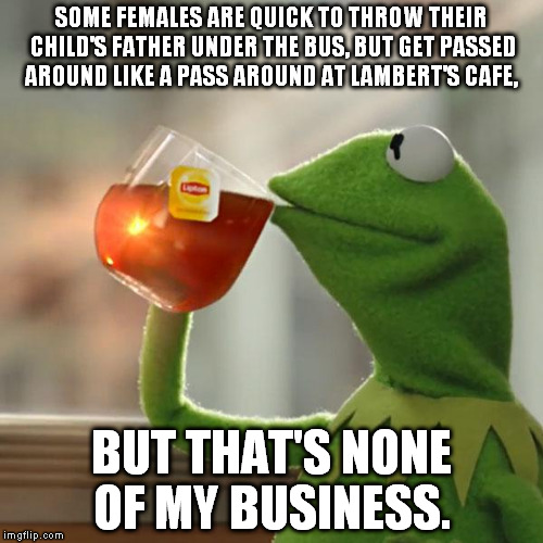 But That's None Of My Business | SOME FEMALES ARE QUICK TO THROW THEIR CHILD'S FATHER UNDER THE BUS, BUT GET PASSED AROUND LIKE A PASS AROUND AT LAMBERT'S CAFE, BUT THAT'S N | image tagged in memes,but thats none of my business,kermit the frog | made w/ Imgflip meme maker